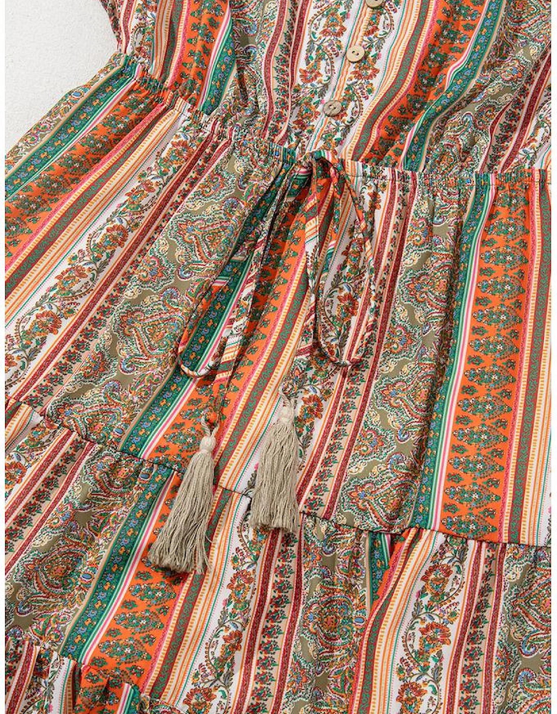 Red Bohemian Floral Print Buttoned V Neck Ruffle Tiered Dress