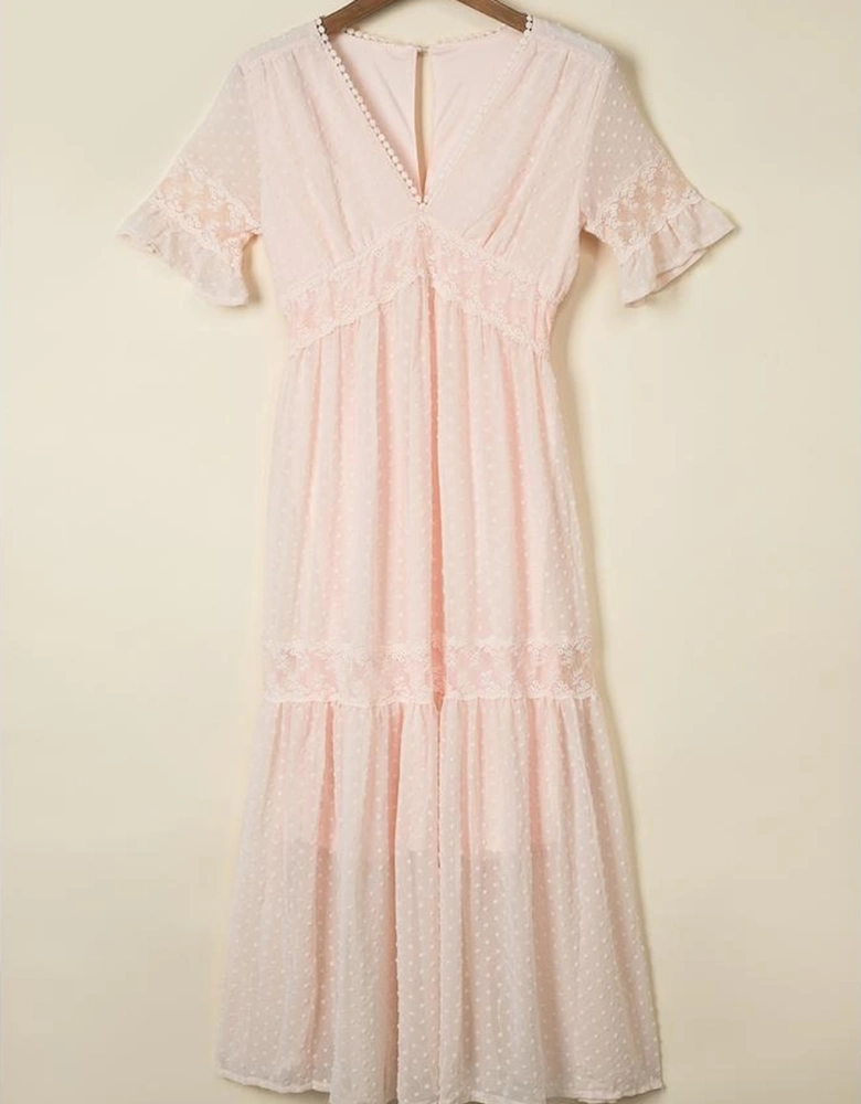Swiss Dot Lace Trim Maxi Dress