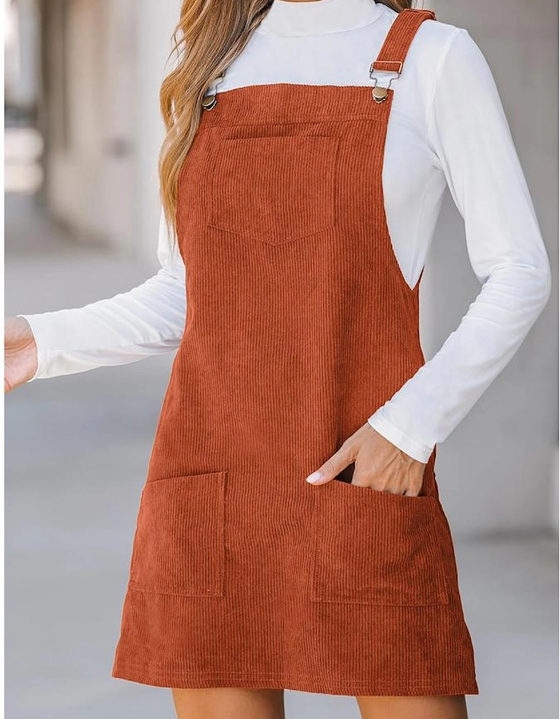 Cinnamon Solid Front Pockets Sleeveless Corduroy Overall Dress