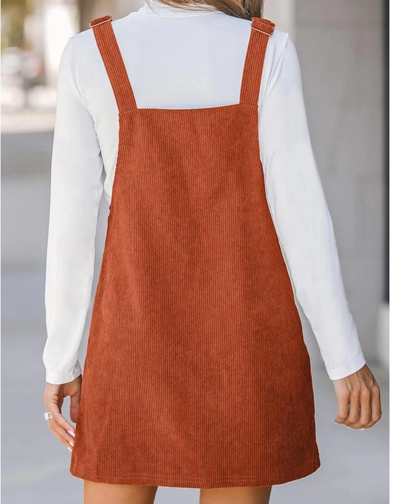 Cinnamon Solid Front Pockets Sleeveless Corduroy Overall Dress
