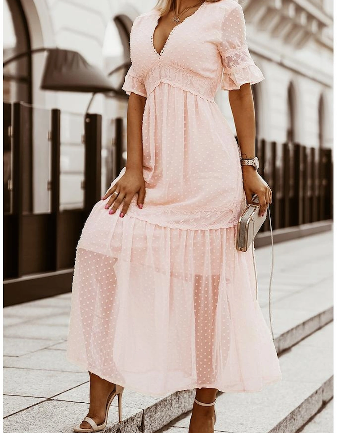 Swiss Dot Lace Trim Maxi Dress