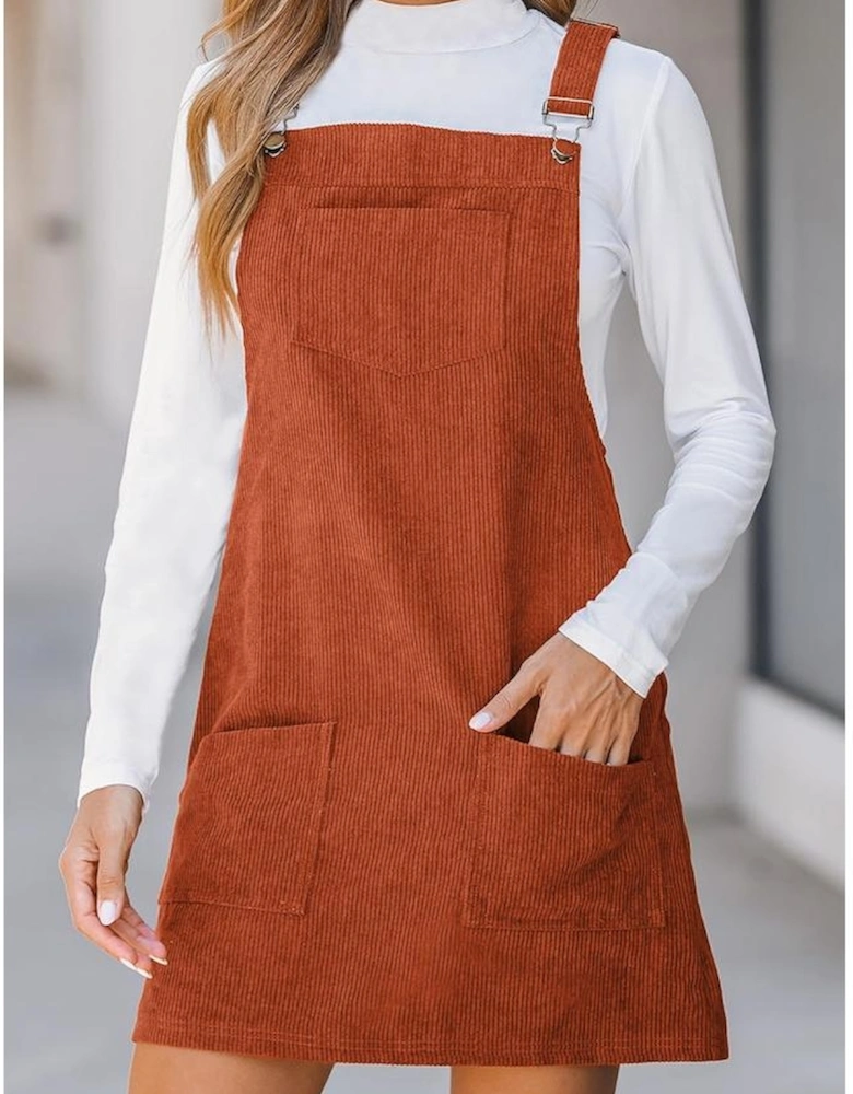 Cinnamon Solid Front Pockets Sleeveless Corduroy Overall Dress