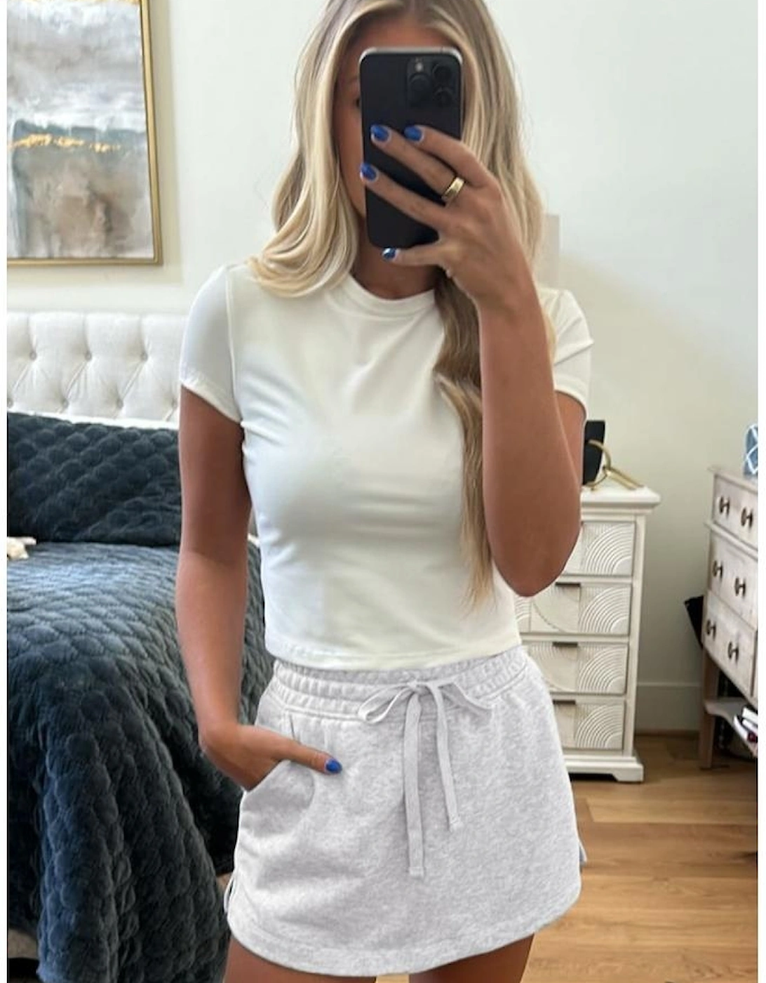 Light Grey French Terry Drawstring Mini Skort with Pockets