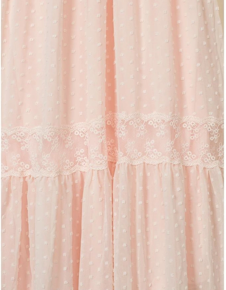 Swiss Dot Lace Trim Maxi Dress