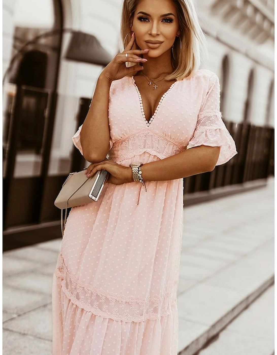 Swiss Dot Lace Trim Maxi Dress