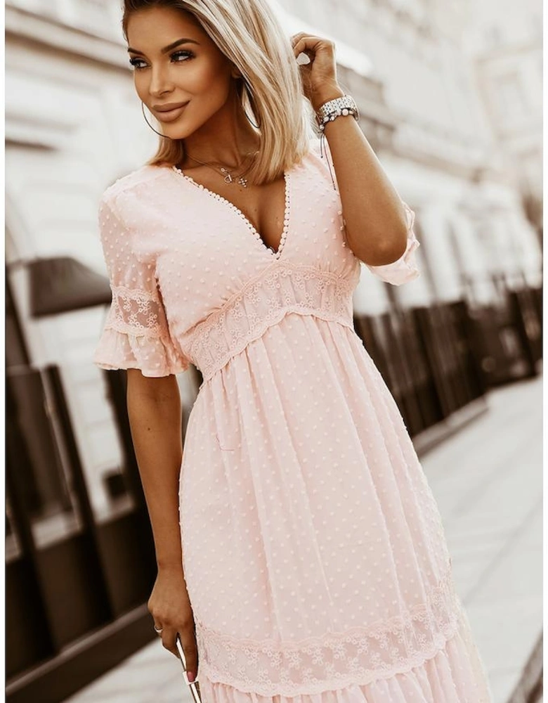 Swiss Dot Lace Trim Maxi Dress