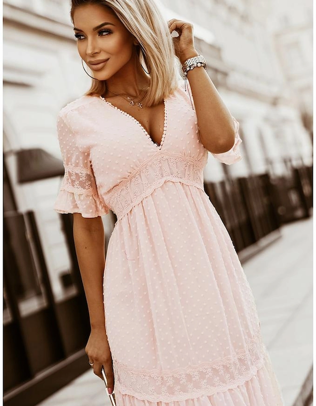 Swiss Dot Lace Trim Maxi Dress