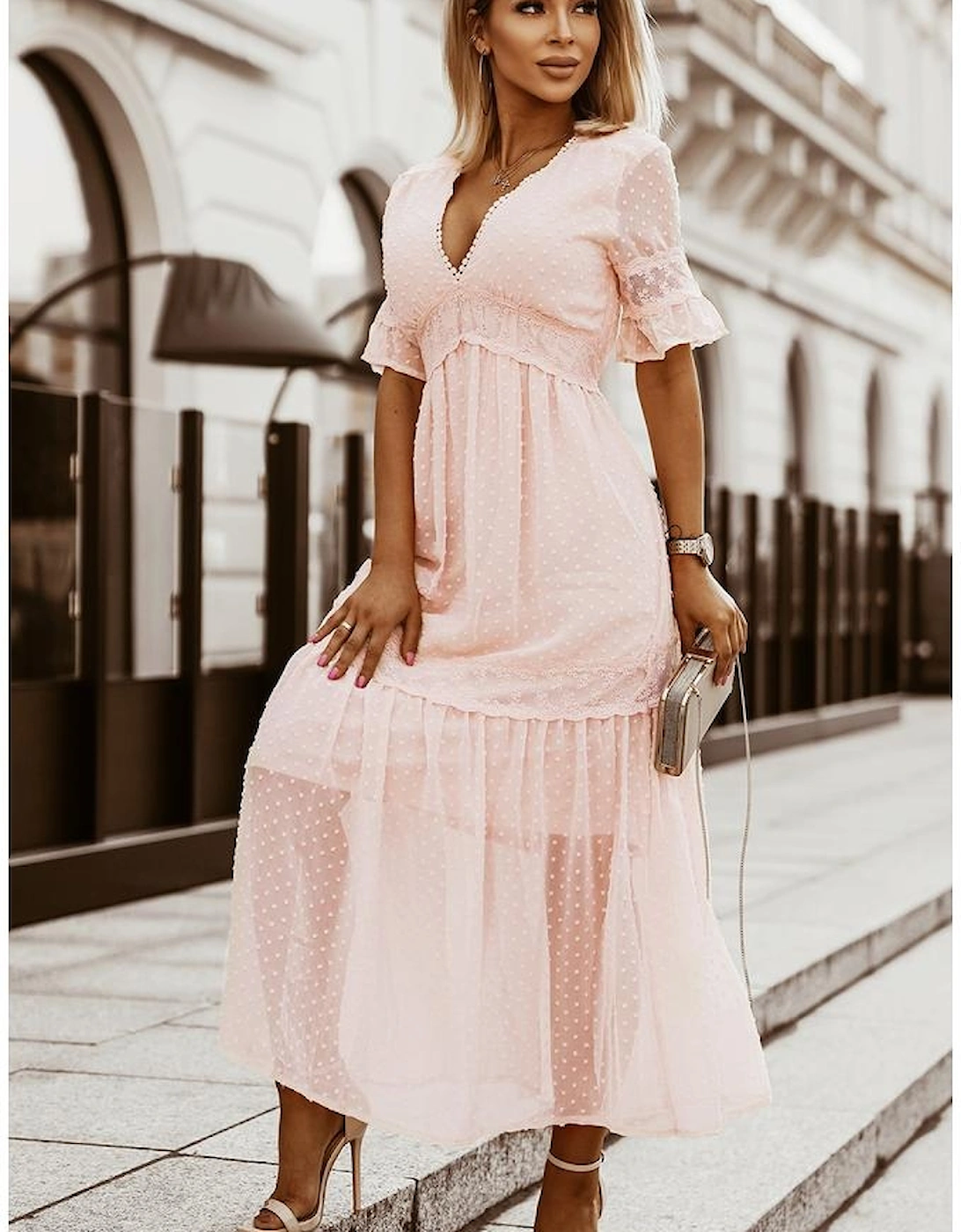 Swiss Dot Lace Trim Maxi Dress