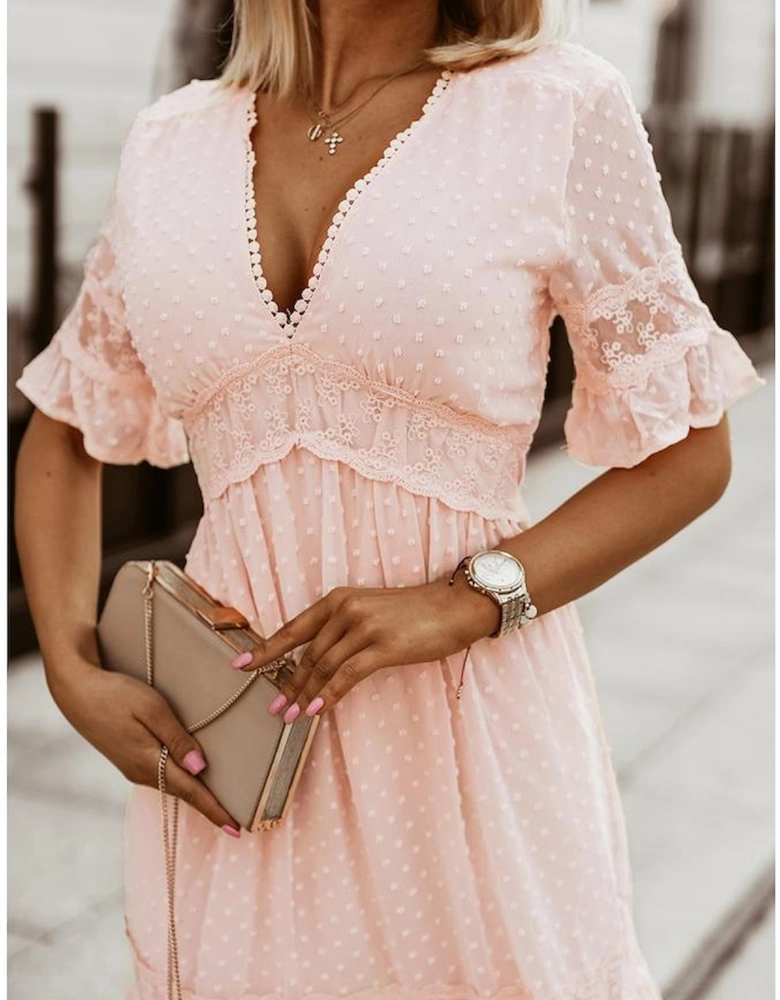 Swiss Dot Lace Trim Maxi Dress