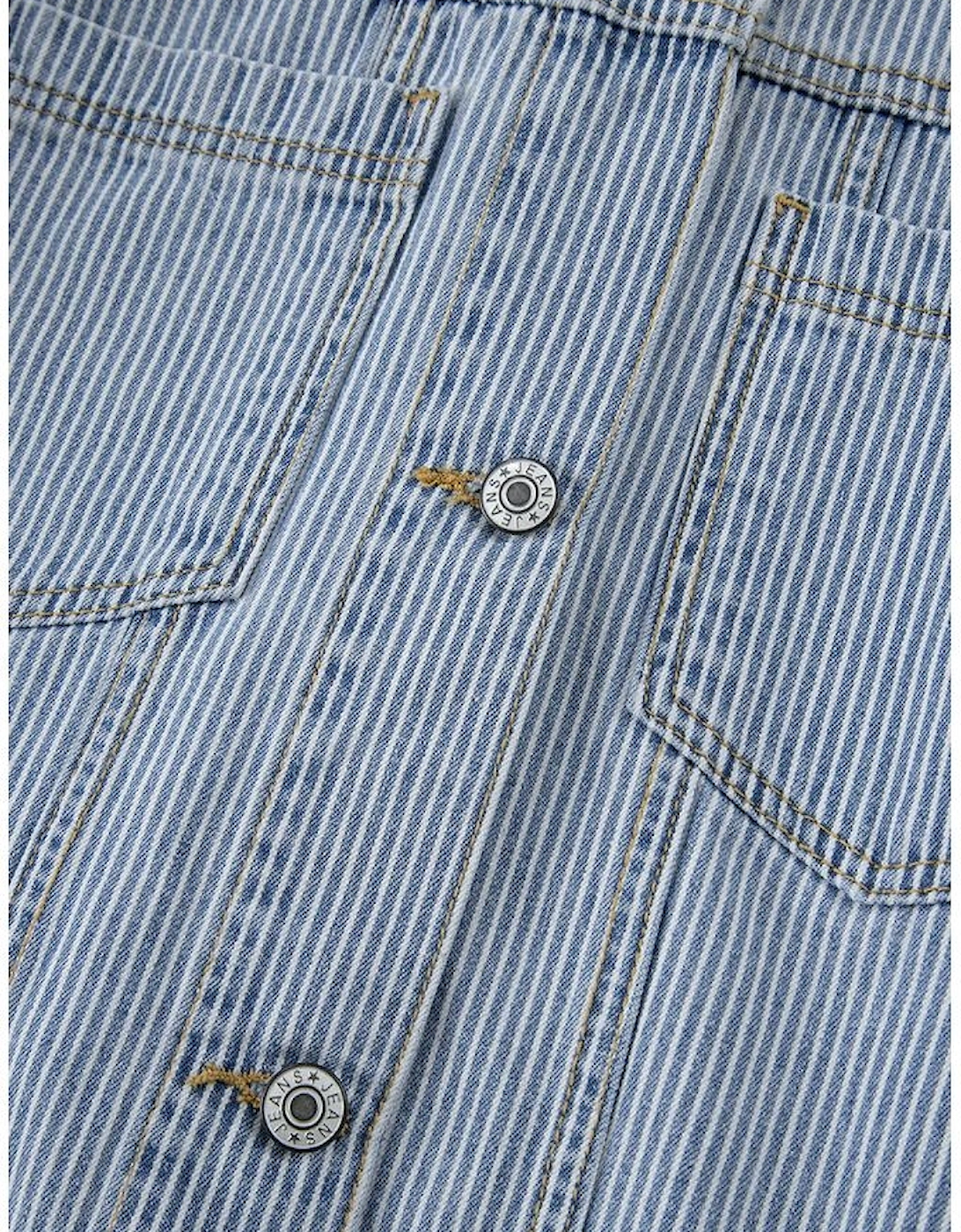 Sky Blue Stripe Washed Oversize Pocketed Denim Jacket