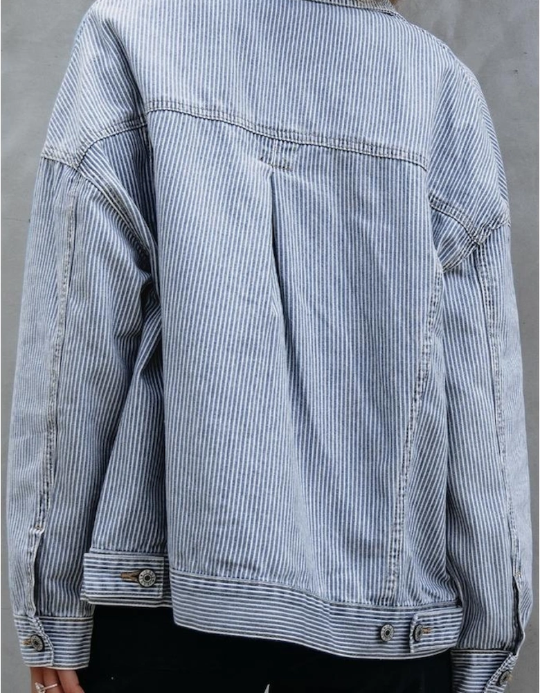 Sky Blue Stripe Washed Oversize Pocketed Denim Jacket