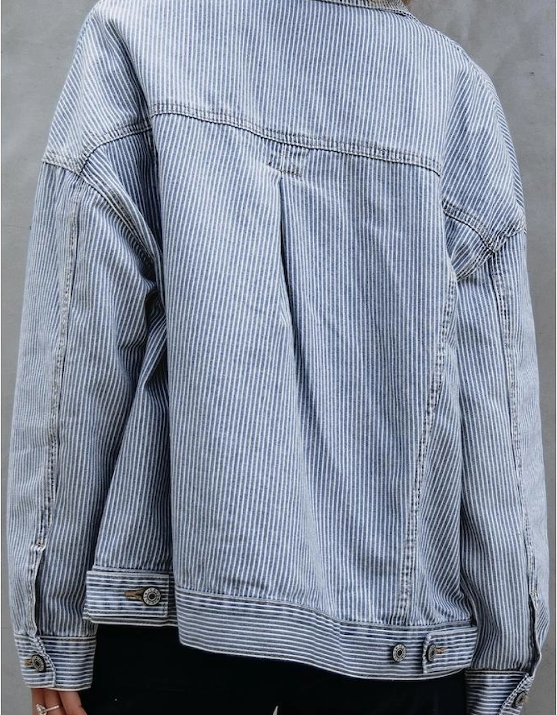 Sky Blue Stripe Washed Oversize Pocketed Denim Jacket