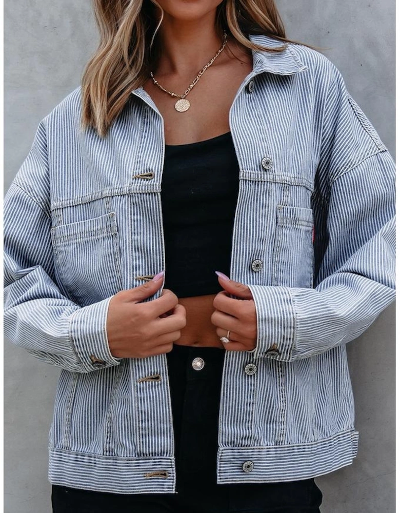 Sky Blue Stripe Washed Oversize Pocketed Denim Jacket