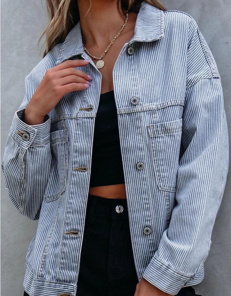 Sky Blue Stripe Washed Oversize Pocketed Denim Jacket