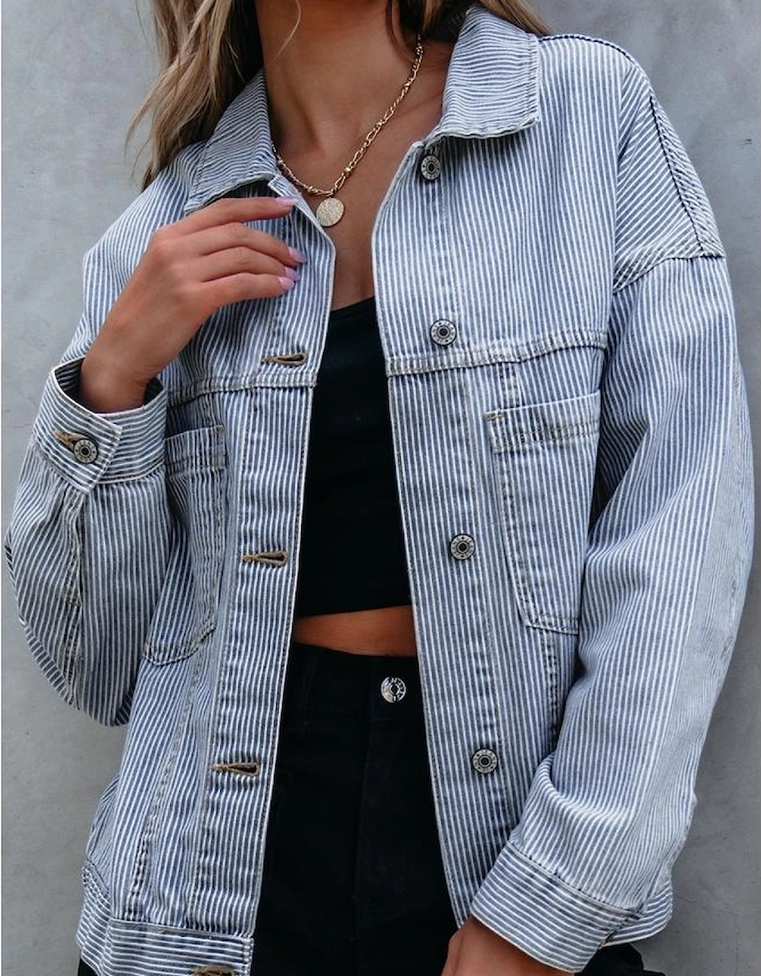 Sky Blue Stripe Washed Oversize Pocketed Denim Jacket