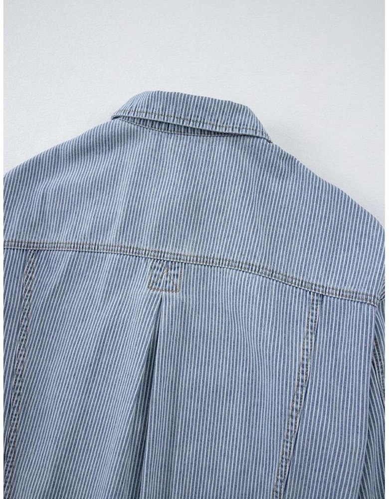 Sky Blue Stripe Washed Oversize Pocketed Denim Jacket