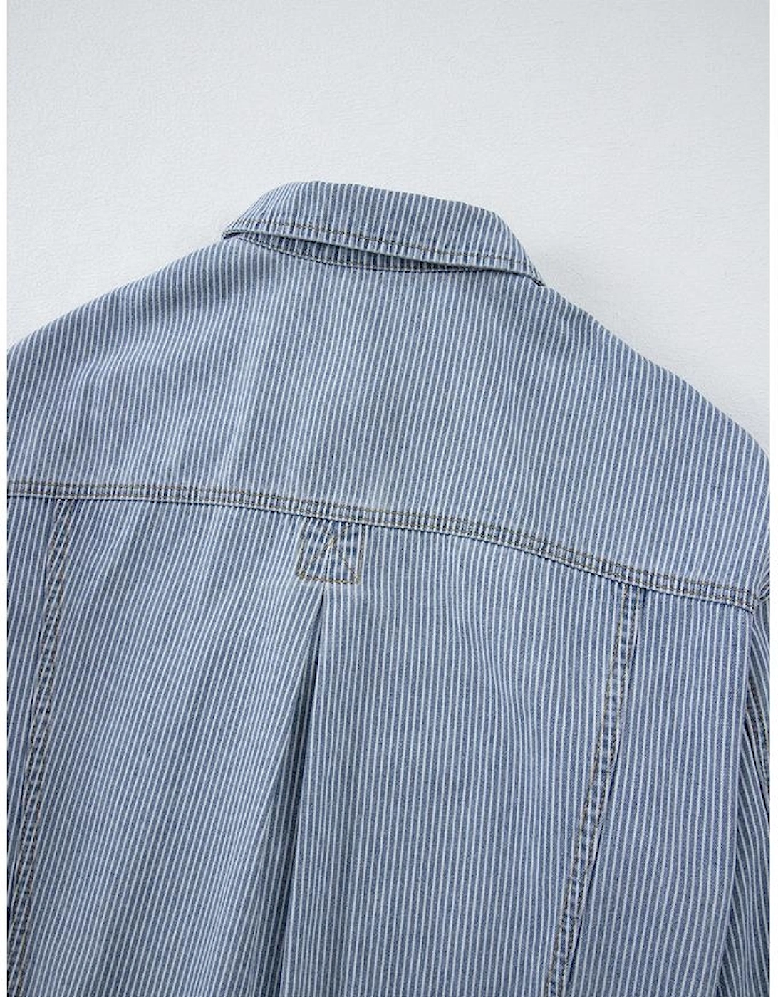 Sky Blue Stripe Washed Oversize Pocketed Denim Jacket