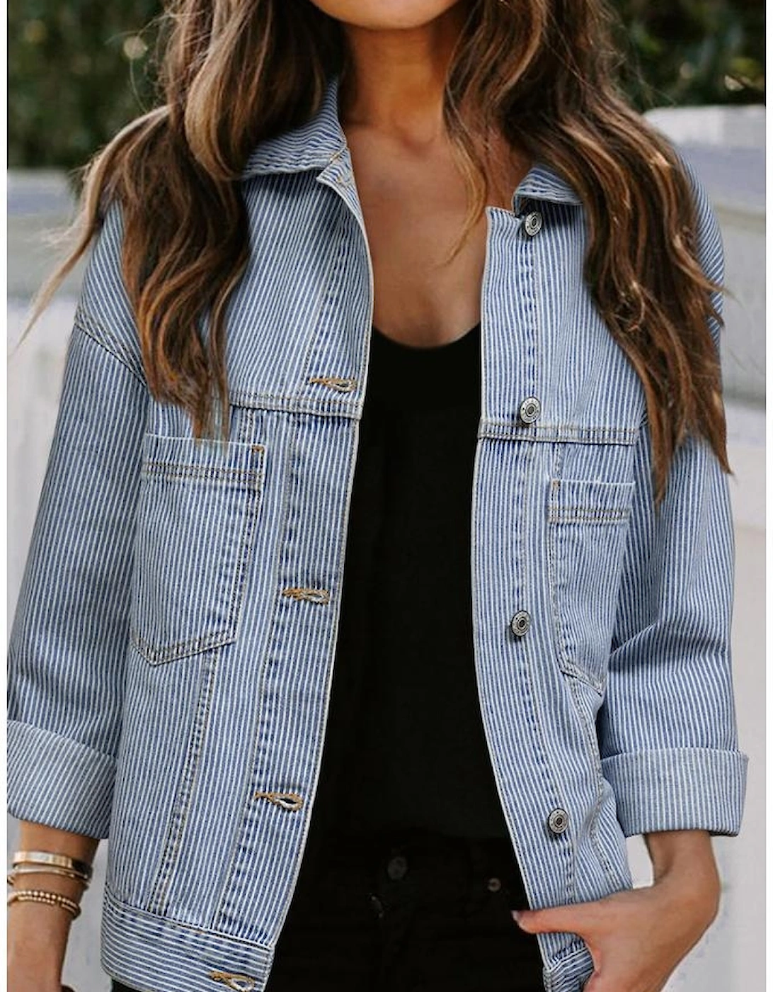 Sky Blue Stripe Washed Oversize Pocketed Denim Jacket