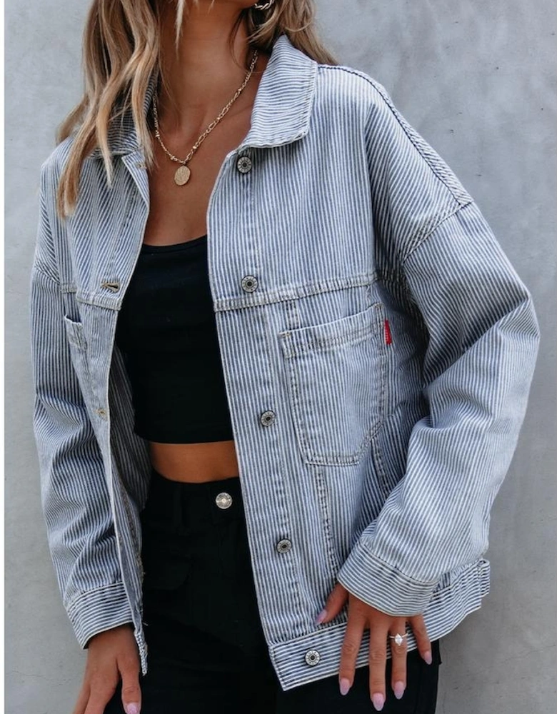 Sky Blue Stripe Washed Oversize Pocketed Denim Jacket
