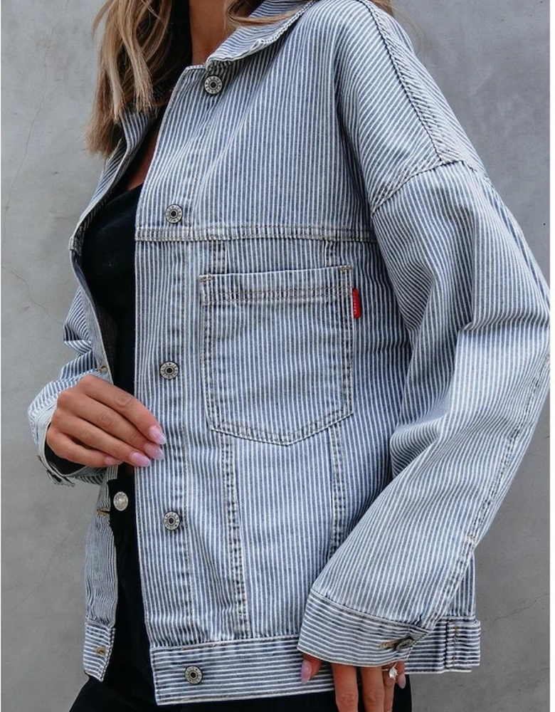 Sky Blue Stripe Washed Oversize Pocketed Denim Jacket