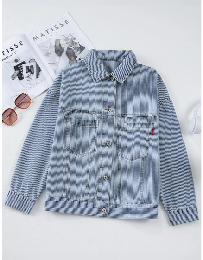 Sky Blue Stripe Washed Oversize Pocketed Denim Jacket