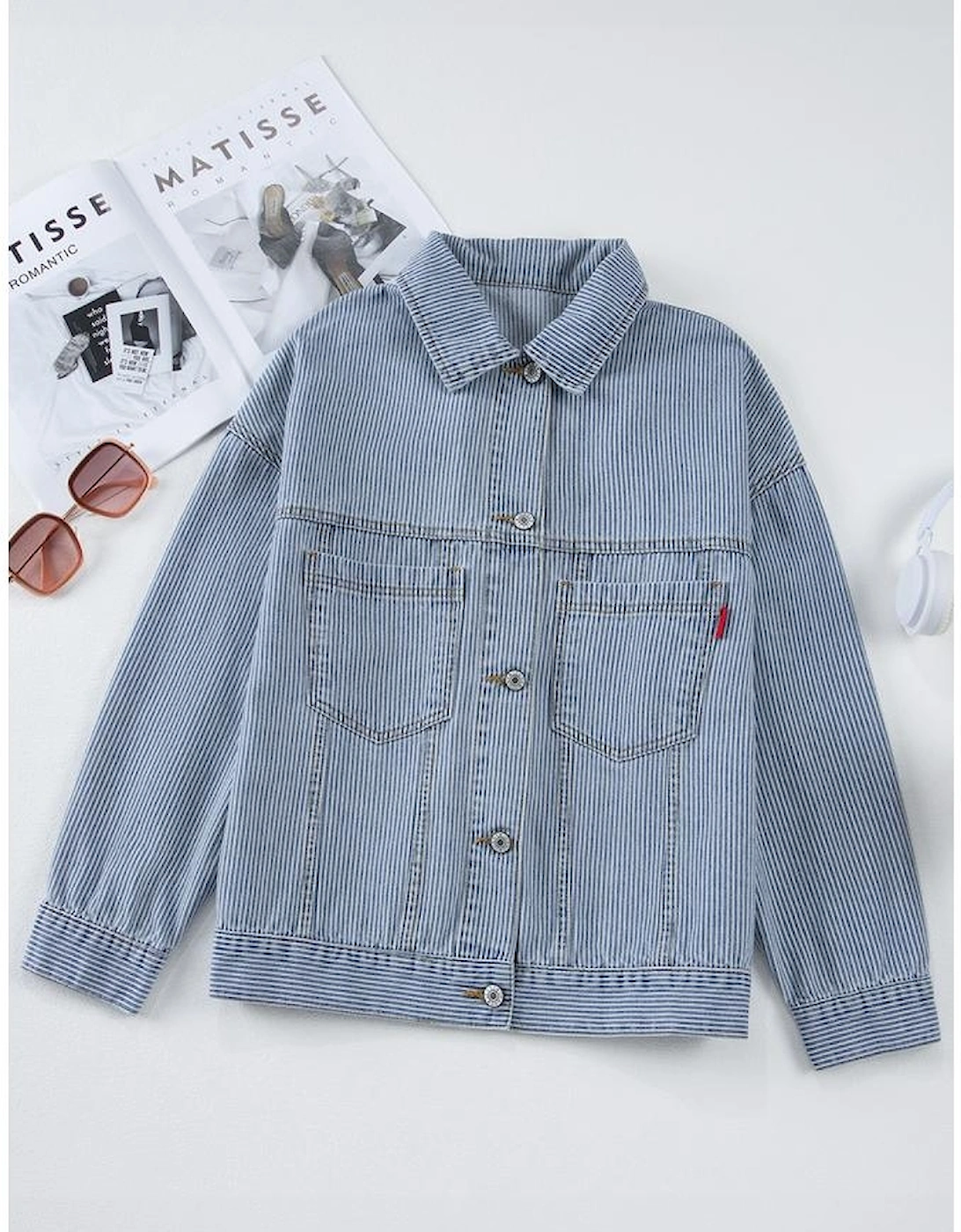 Sky Blue Stripe Washed Oversize Pocketed Denim Jacket