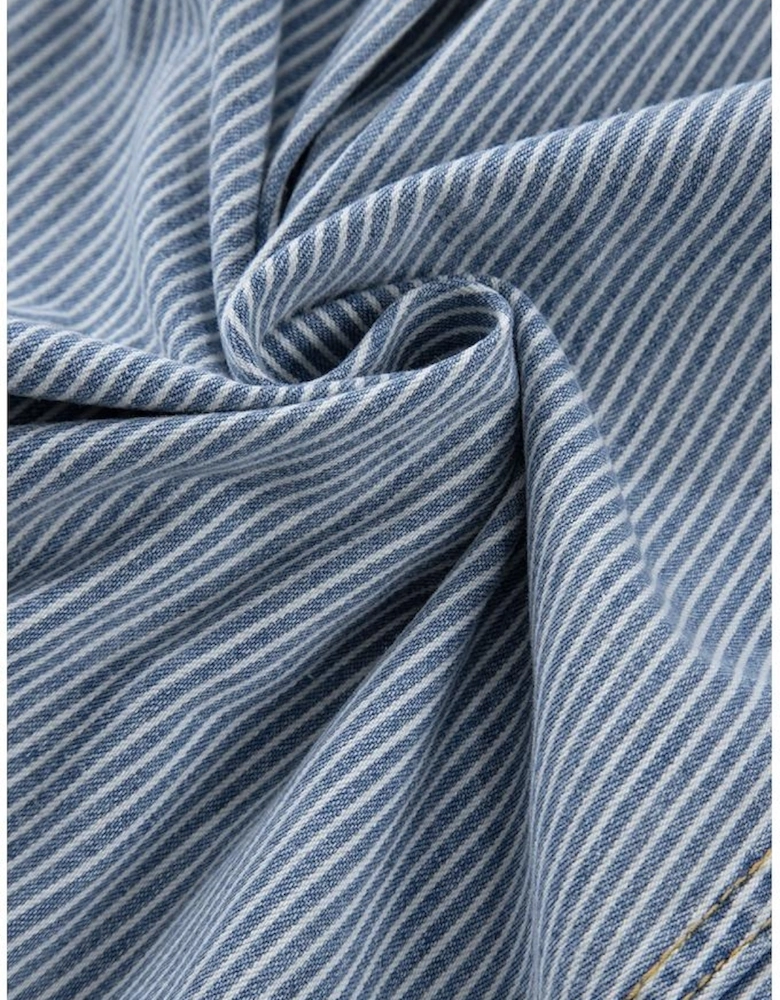 Sky Blue Stripe Washed Oversize Pocketed Denim Jacket