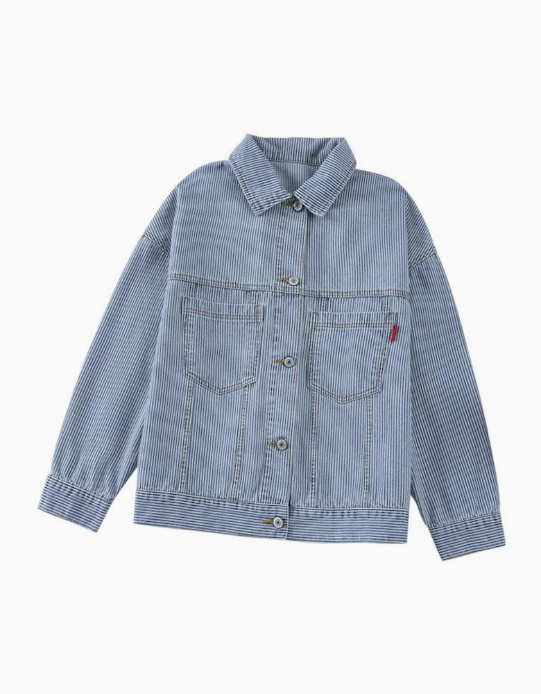 Sky Blue Stripe Washed Oversize Pocketed Denim Jacket