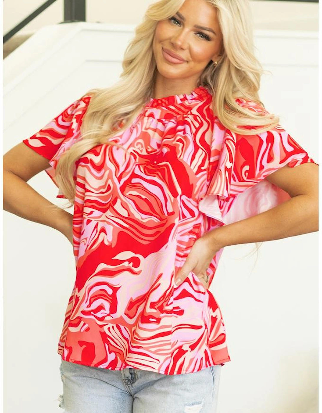 Red Abstract Print Ruffled Short Sleeve Mock Neck Blouse