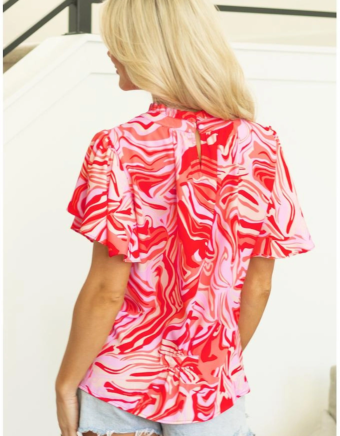 Red Abstract Print Ruffled Short Sleeve Mock Neck Blouse, 16 of 15