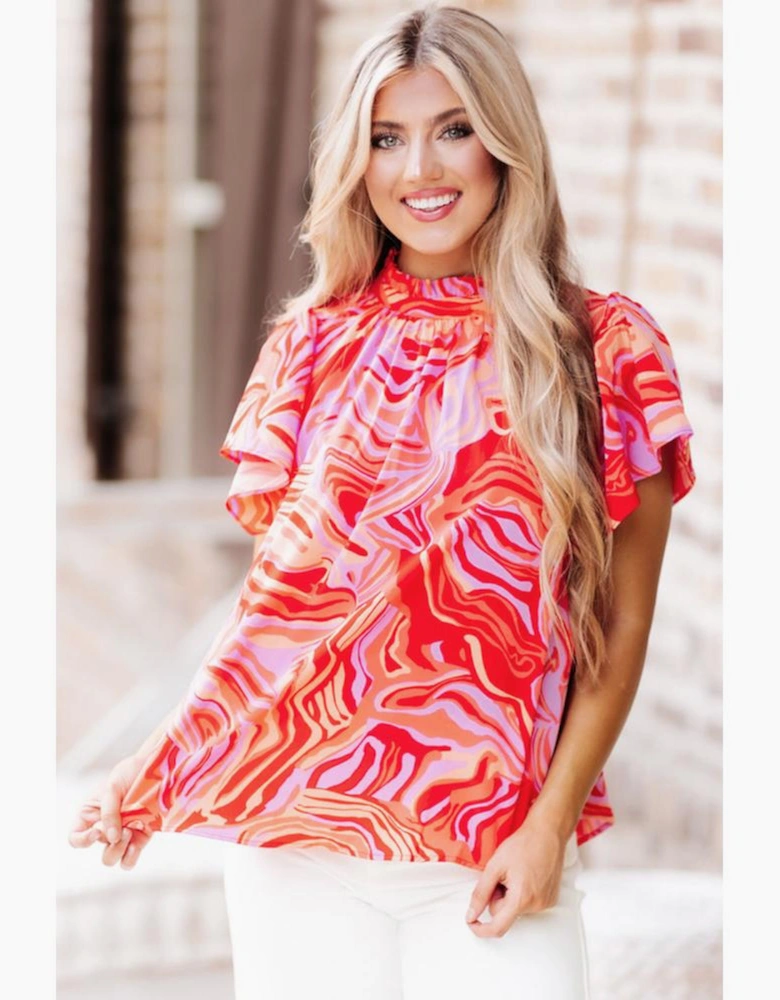 Red Abstract Print Ruffled Short Sleeve Mock Neck Blouse