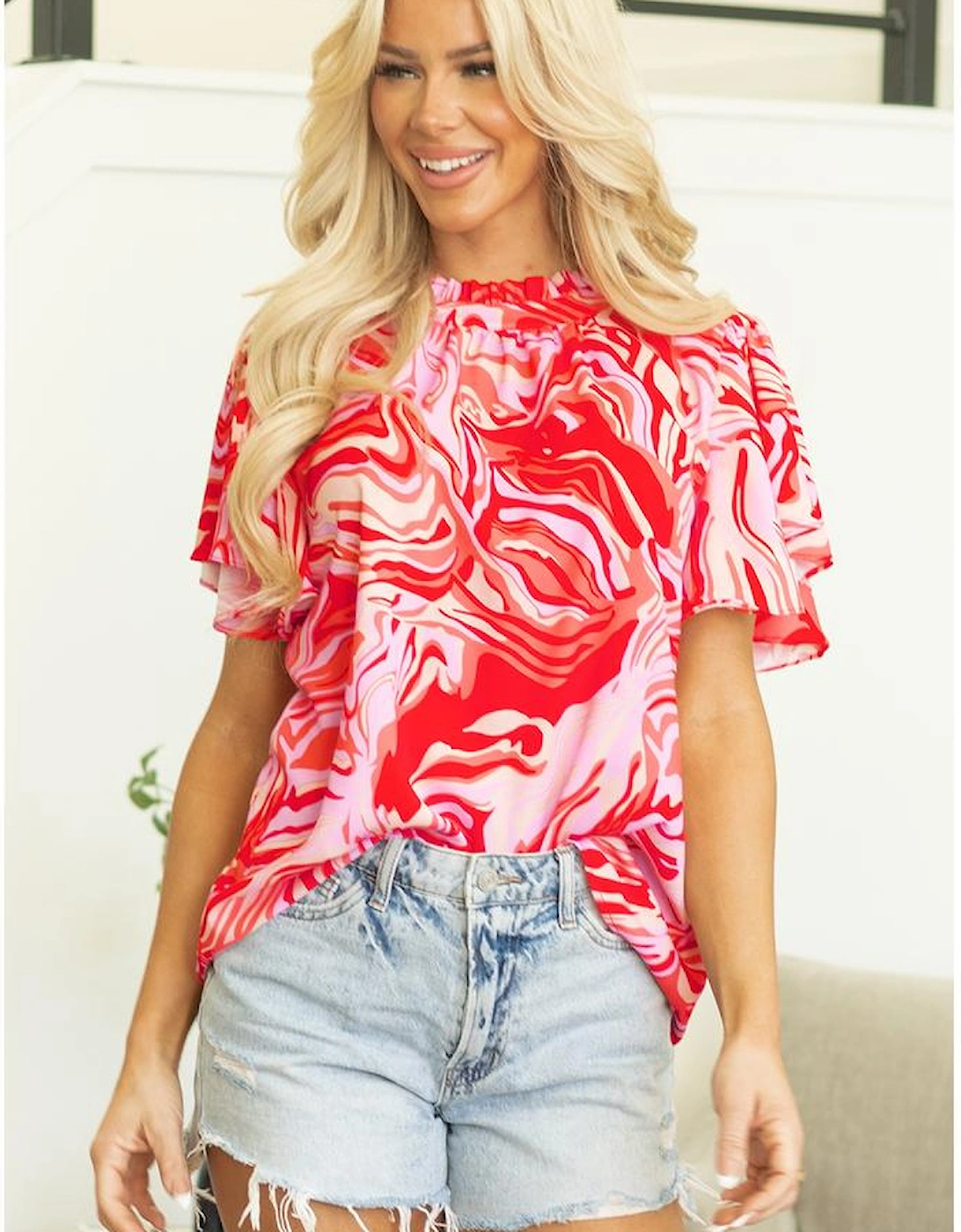 Red Abstract Print Ruffled Short Sleeve Mock Neck Blouse