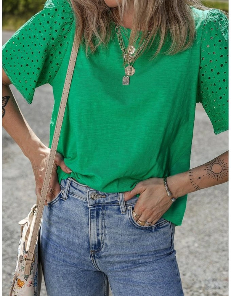 Bright Green Eyelet Embroidered Patchwork Shift Top