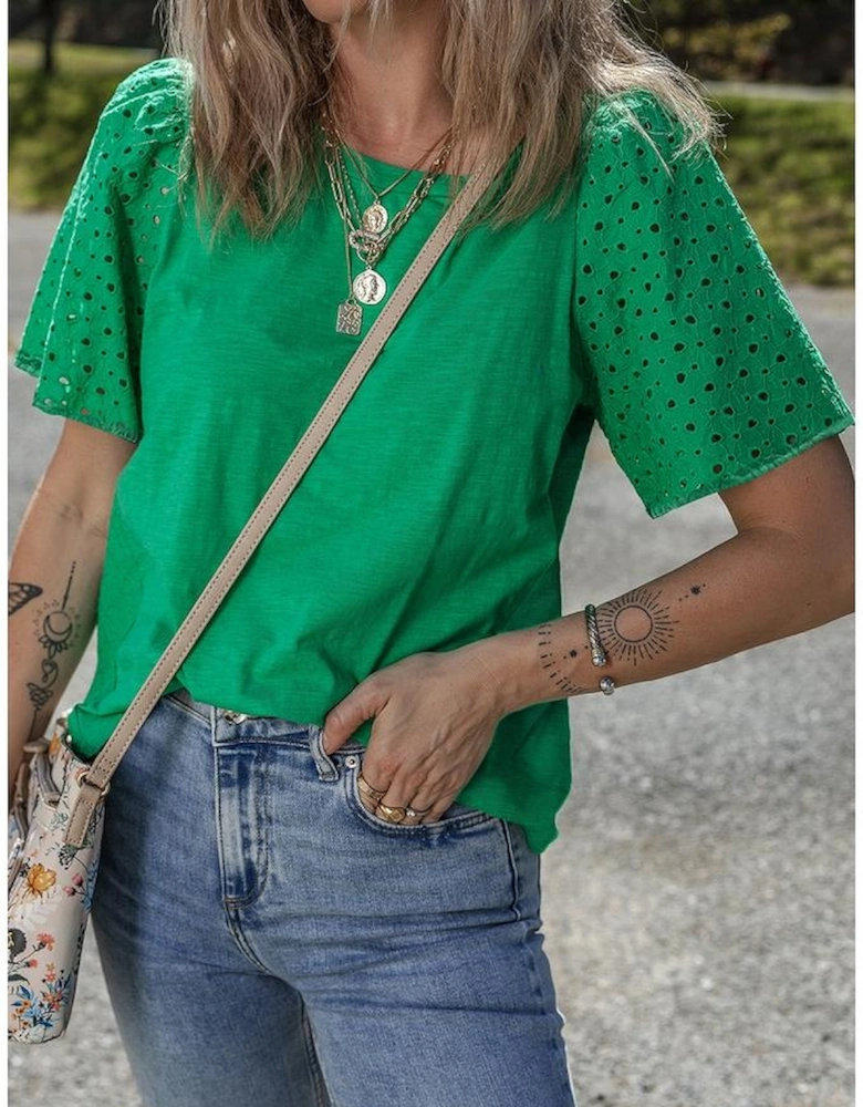 Bright Green Eyelet Embroidered Patchwork Shift Top