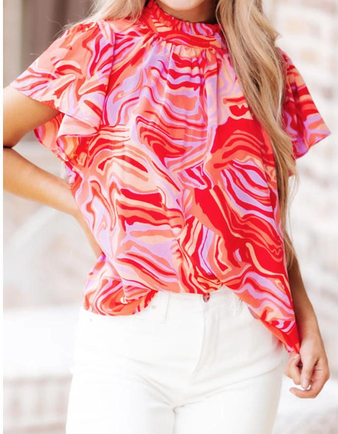 Red Abstract Print Ruffled Short Sleeve Mock Neck Blouse