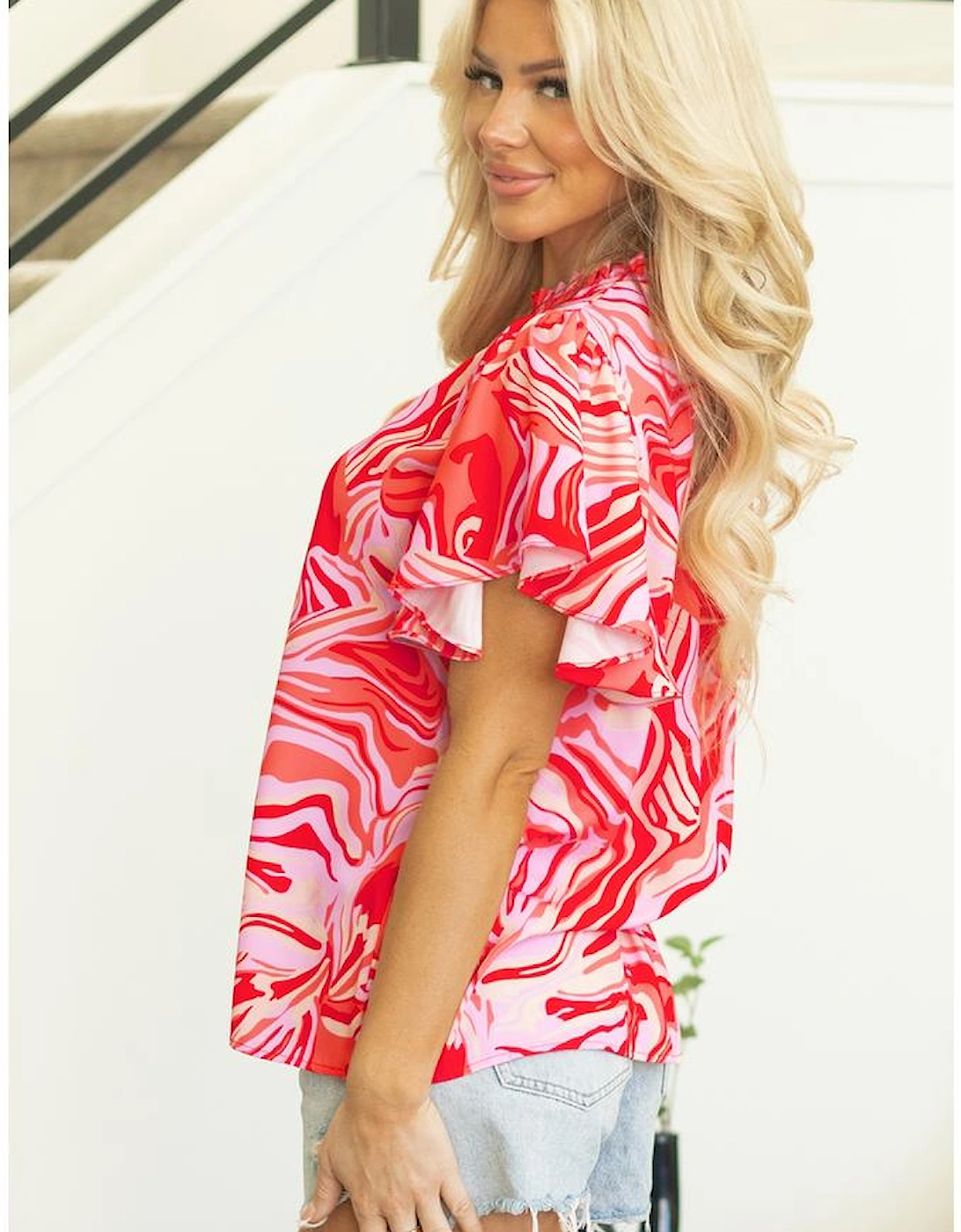 Red Abstract Print Ruffled Short Sleeve Mock Neck Blouse