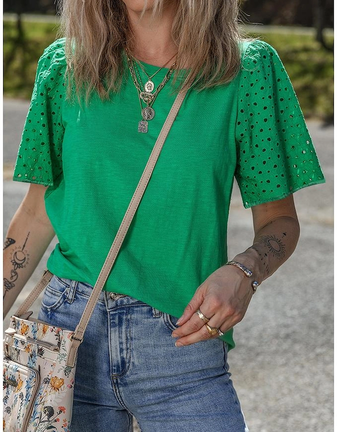 Bright Green Eyelet Embroidered Patchwork Shift Top