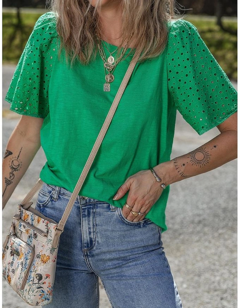 Bright Green Eyelet Embroidered Patchwork Shift Top