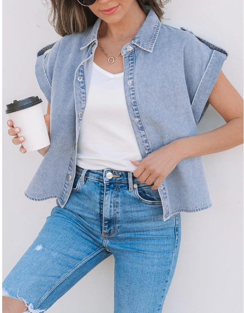 Dusk Blue Denim Pinup Folded Cap Sleeve Shirt
