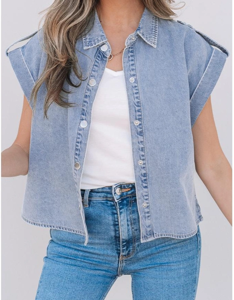 Dusk Blue Denim Pinup Folded Cap Sleeve Shirt