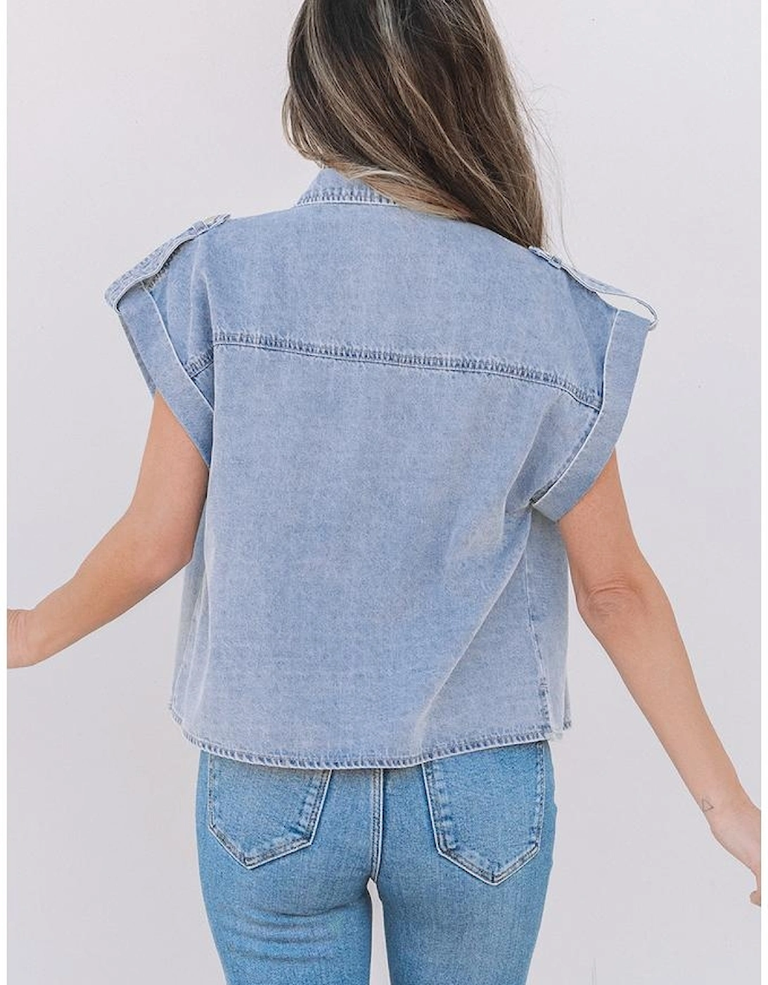 Dusk Blue Denim Pinup Folded Cap Sleeve Shirt, 16 of 15