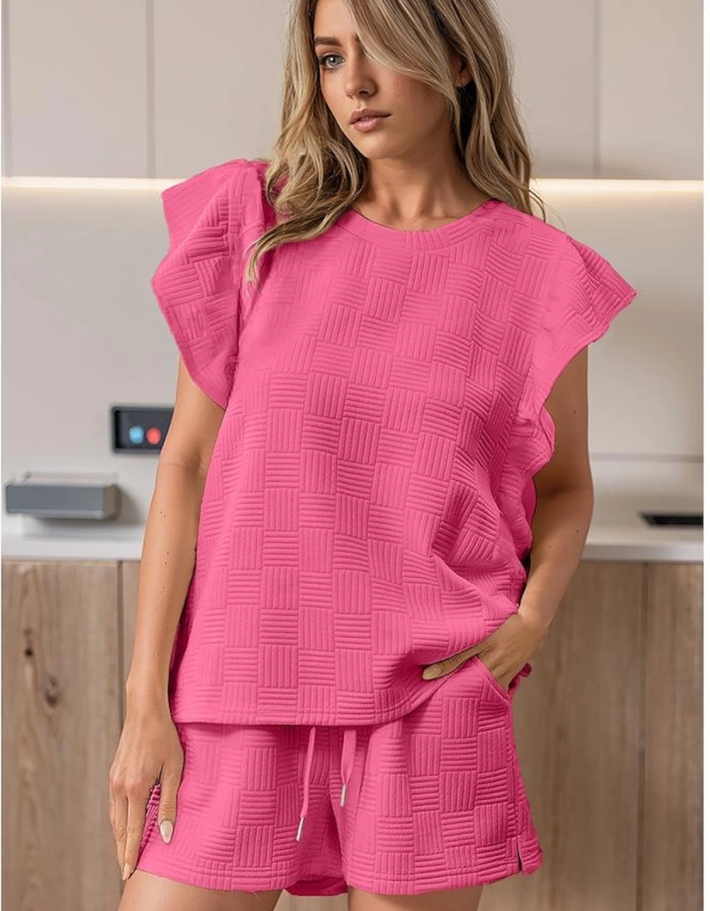 Bonbon Textured Ruffled Sleeve Tee and Drawstring Shorts Set