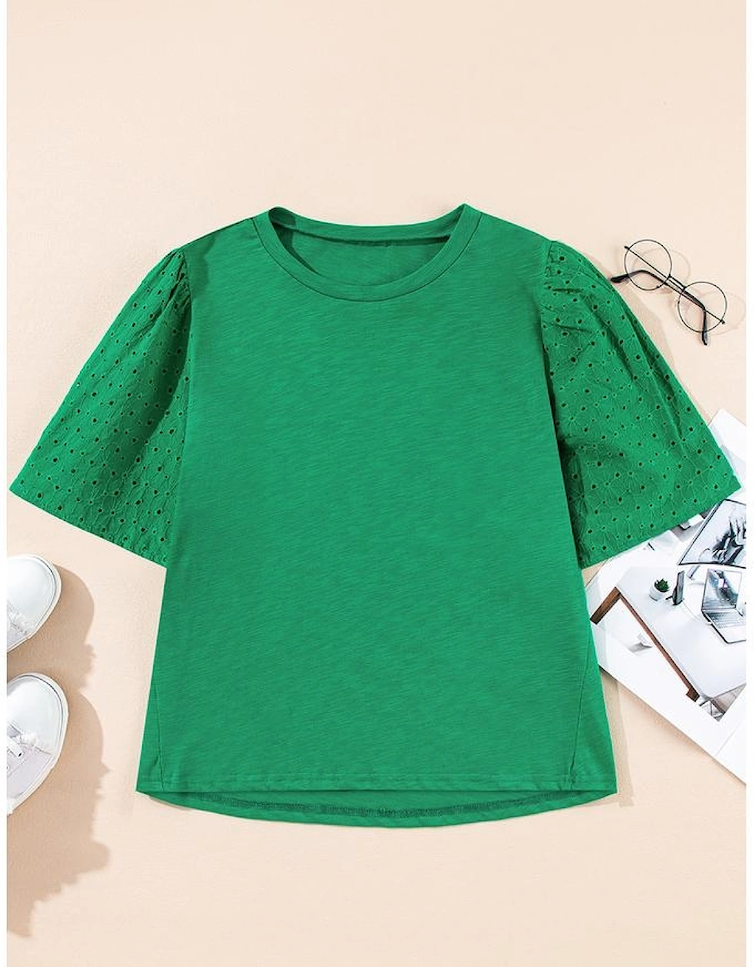 Bright Green Eyelet Embroidered Patchwork Shift Top