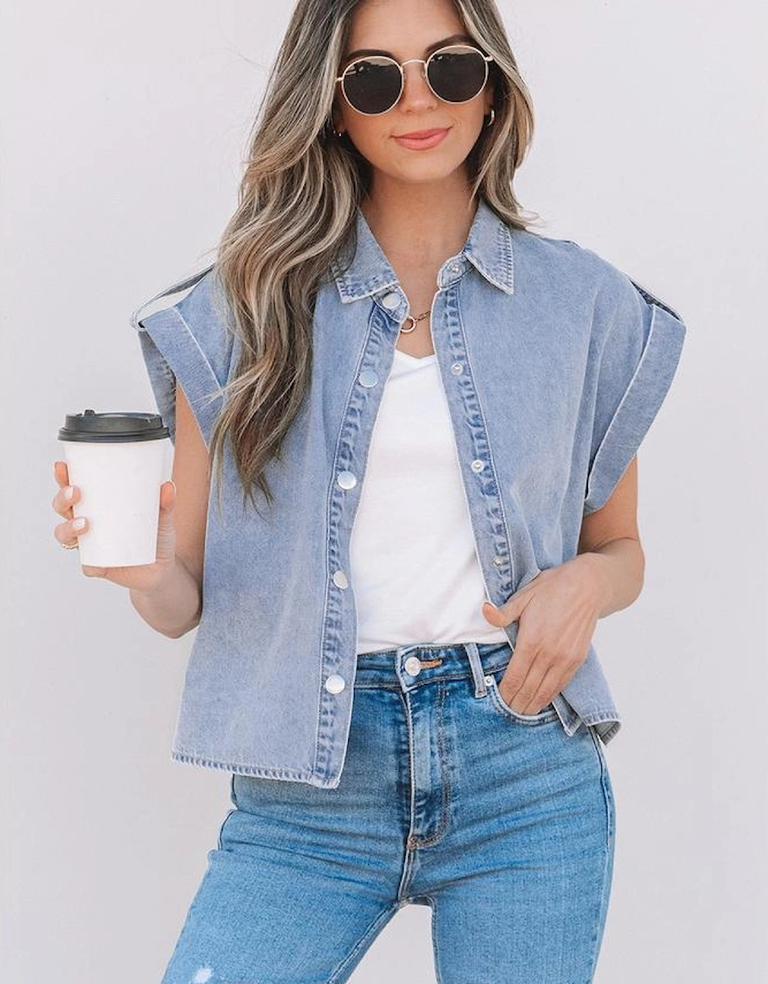 Dusk Blue Denim Pinup Folded Cap Sleeve Shirt