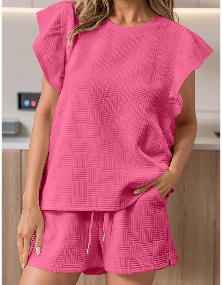 Bonbon Textured Ruffled Sleeve Tee and Drawstring Shorts Set