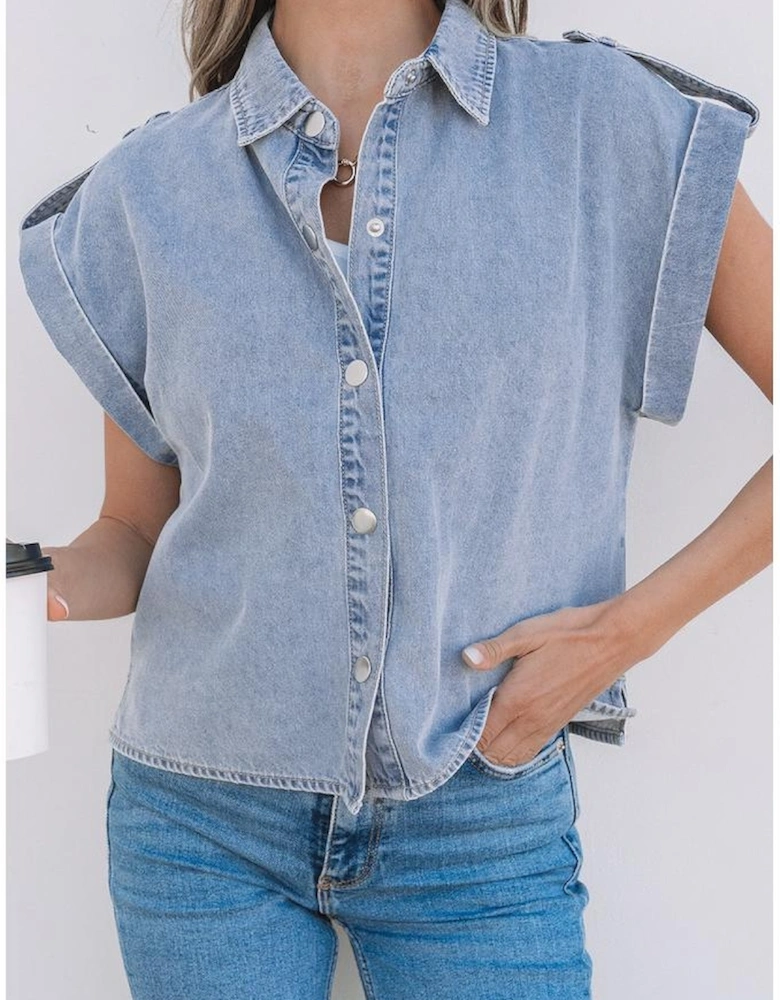 Dusk Blue Denim Pinup Folded Cap Sleeve Shirt