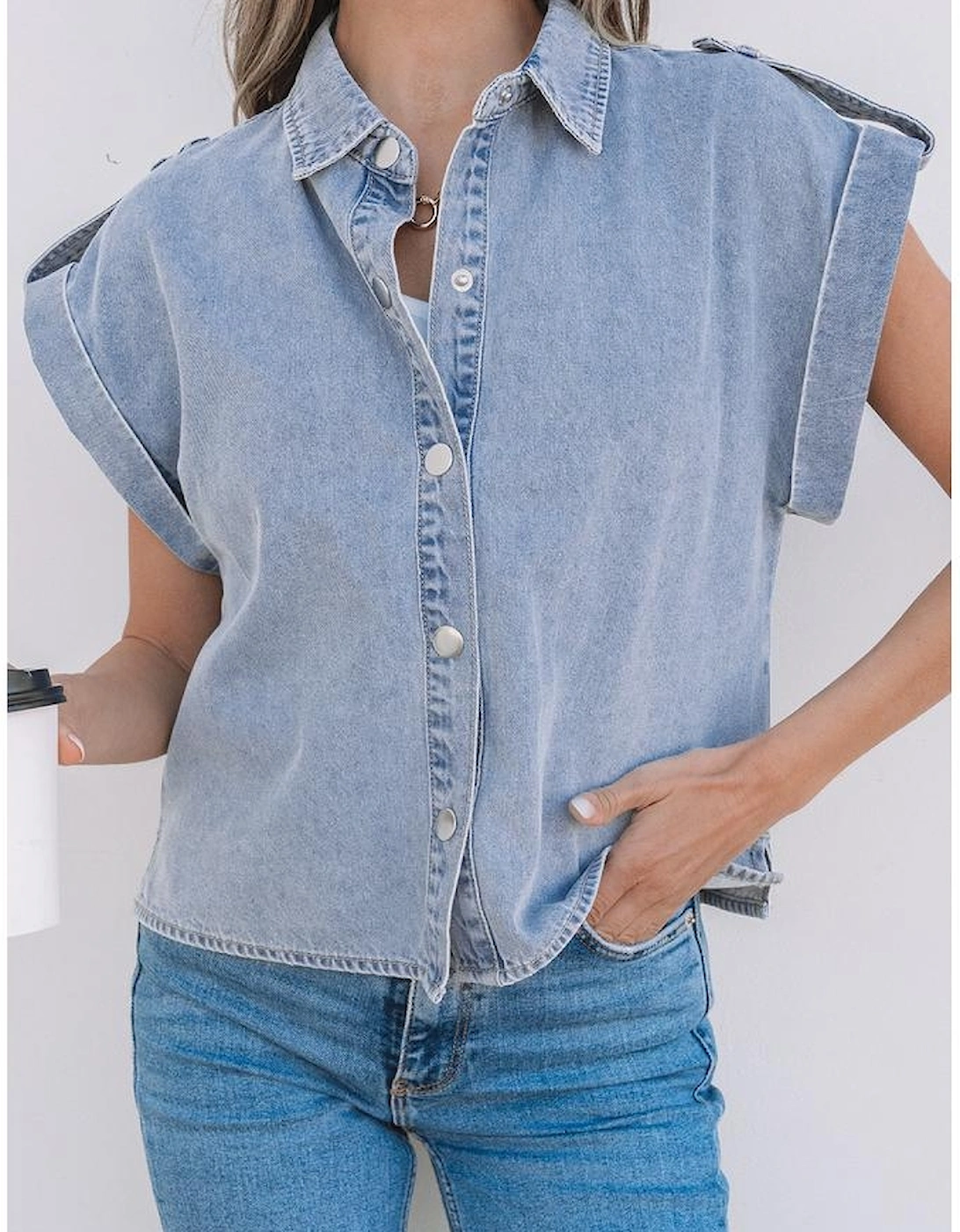 Dusk Blue Denim Pinup Folded Cap Sleeve Shirt