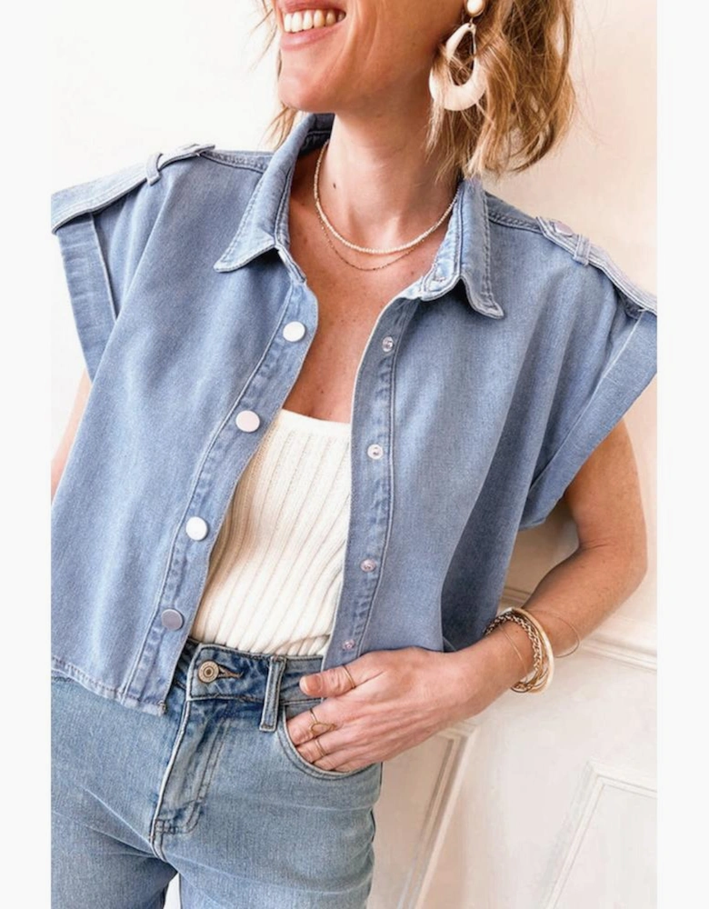 Dusk Blue Denim Pinup Folded Cap Sleeve Shirt