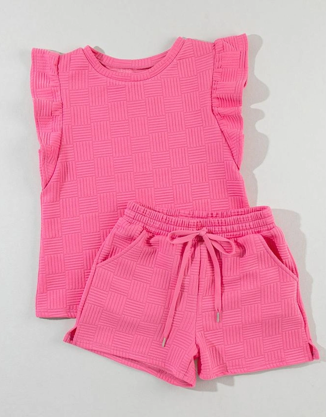 Bonbon Textured Ruffled Sleeve Tee and Drawstring Shorts Set