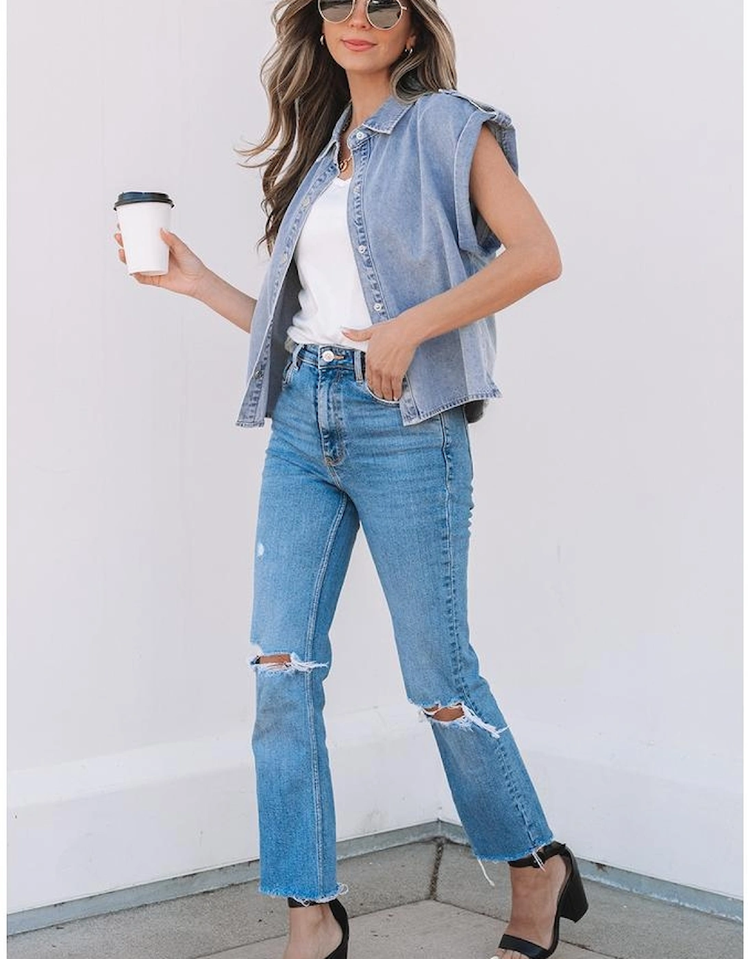 Dusk Blue Denim Pinup Folded Cap Sleeve Shirt